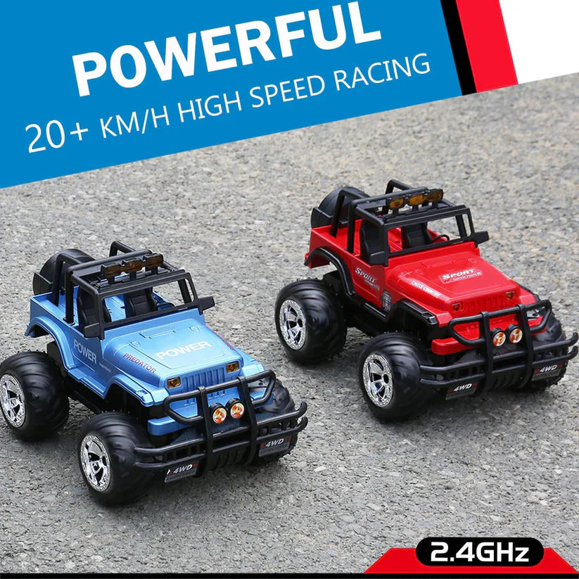 Two toy off-road vehicles, one blue and one red, on a textured surface with promotional text about speed and frequency.