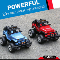 Two toy off-road vehicles, one blue and one red, on a textured surface with promotional text about speed and frequency.