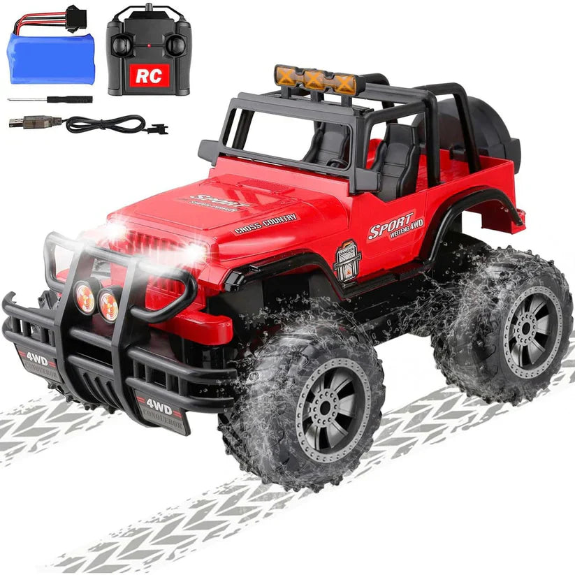 Red toy off-road vehicle with remote control on a white background