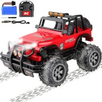 Red toy off-road vehicle with remote control on a white background