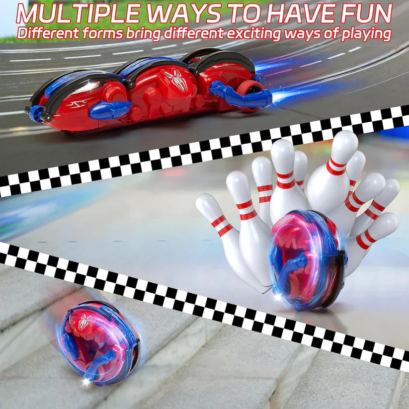 Toy car with LED lights in red and blue, interacting with a set of white bowling pins with red stripes on a checkered background.