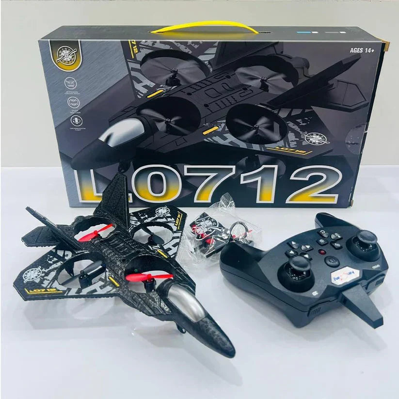 Black toy airplane with remote control and packaging on a white background