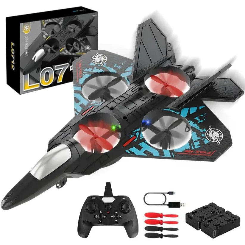 Toy drone with remote control and accessories on a white background