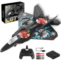 Toy drone with remote control and accessories on a white background