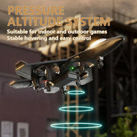 Drone with pressure altitude system text overlay on a blurred background