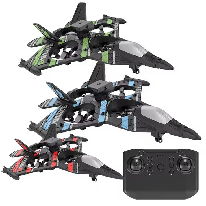 Three black toy drones with color-coded wings and a remote control on a white background