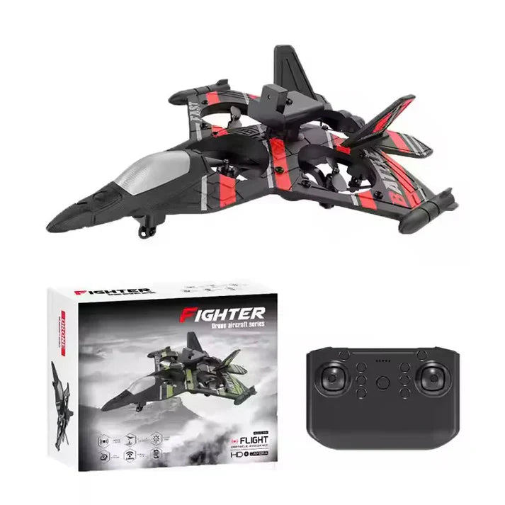 Black and red toy fighter jet with packaging and remote control on a white background