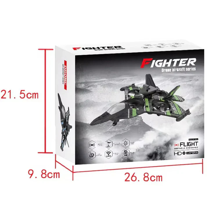 Box of a drone labeled 'Fighter' with dimensions indicated.