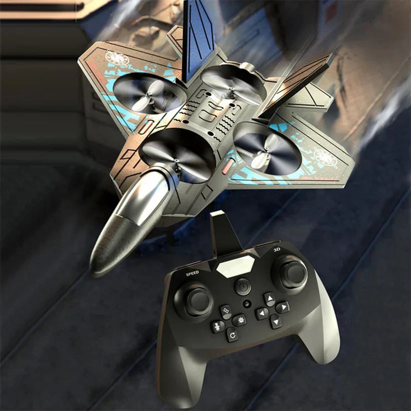 Drone with propellers and a controller on a dark background