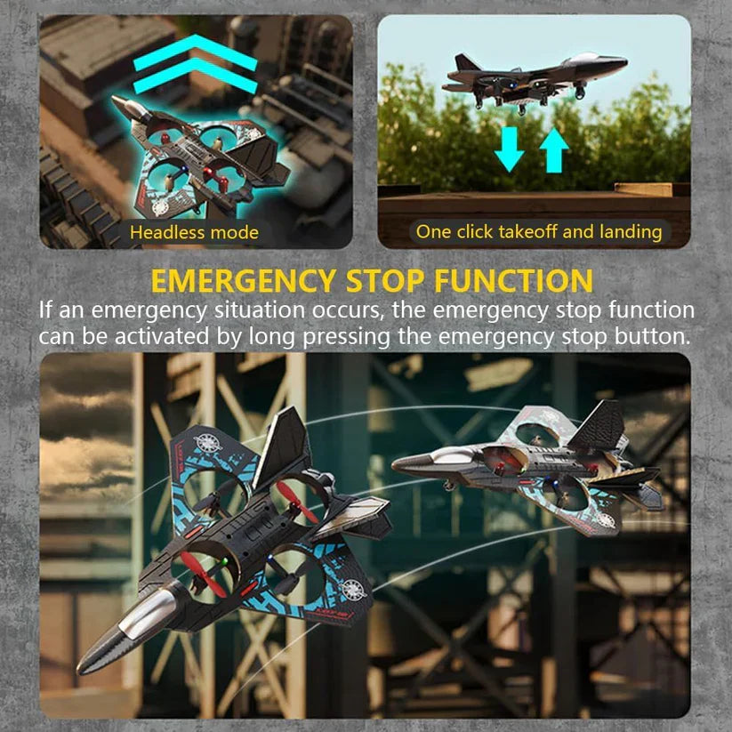 Model airplane with emergency stop function features on a gray background