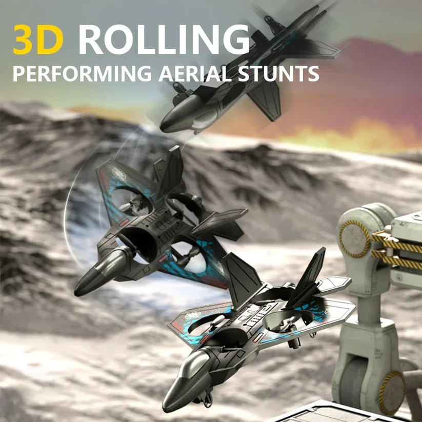 Toy planes performing aerial stunts with a robot in the background