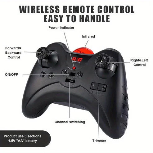 Black wireless remote control with labeled features on a white background