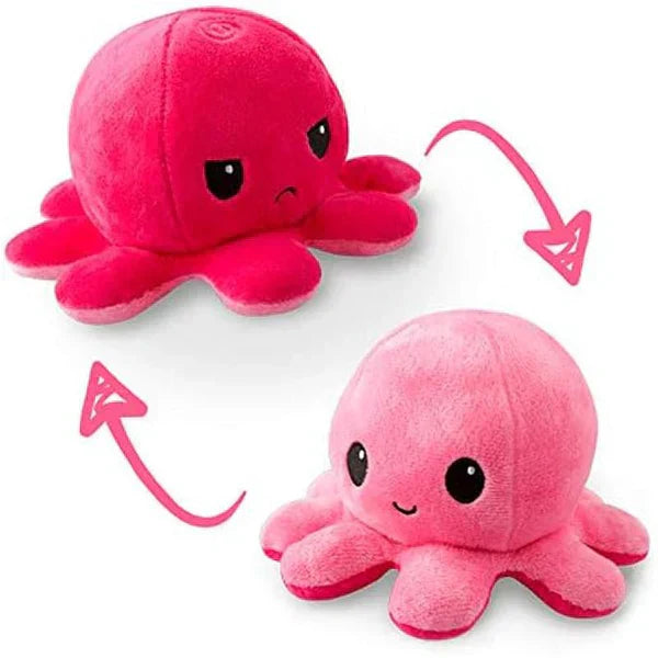 Two pink plush octopuses with a transforming mechanism on a white background