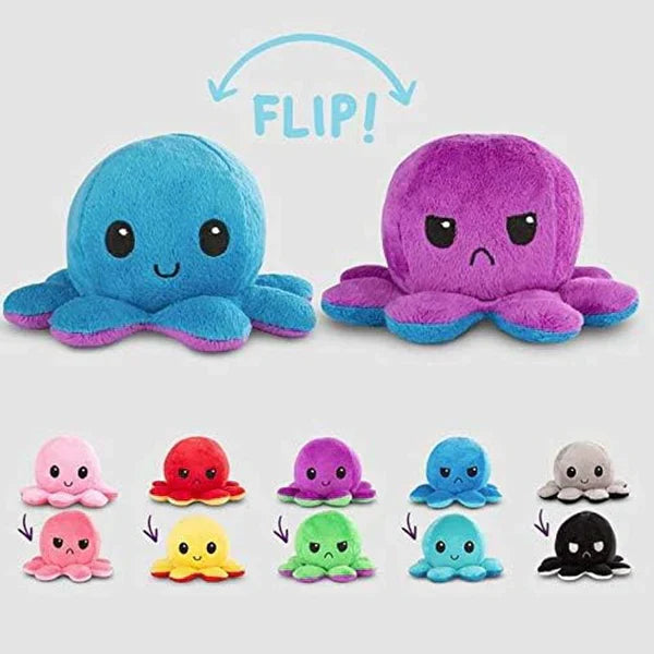 Plush octopus toy that changes color when flipped, with additional color options displayed below.