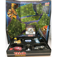 Toy car dashboard with colorful buttons and steering wheel on a white background with musical notes.