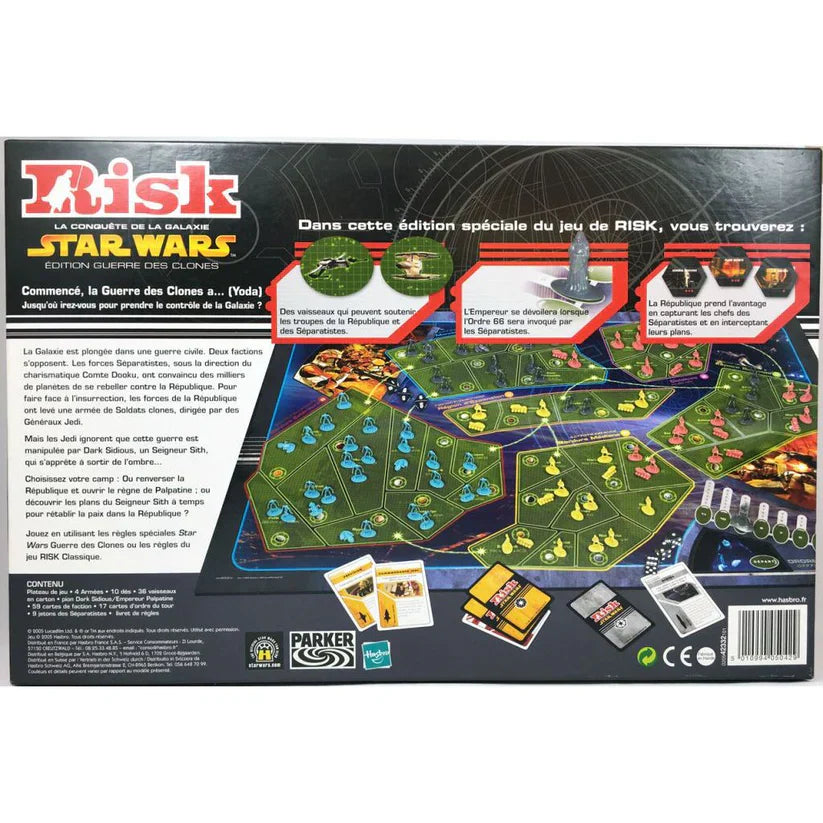 Risk Star Wars board game packaging with game pieces and cards on a white background