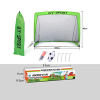 Green soccer goal with accessories and dimensions displayed