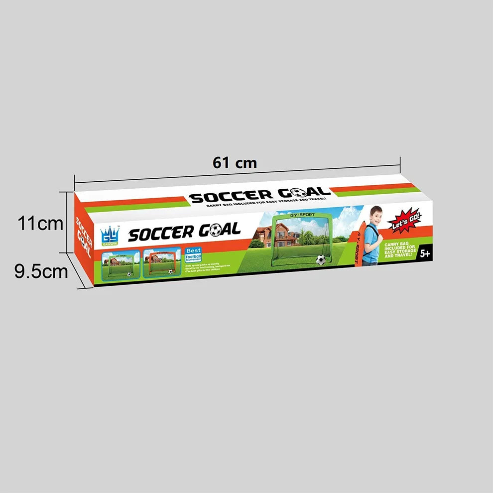 Box packaging of a soccer goal with dimensions labeled on a gray background