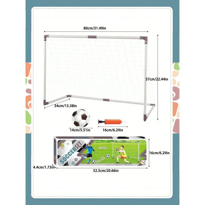 Measurement chart of a soccer goal, ball, and related items with dimensions.