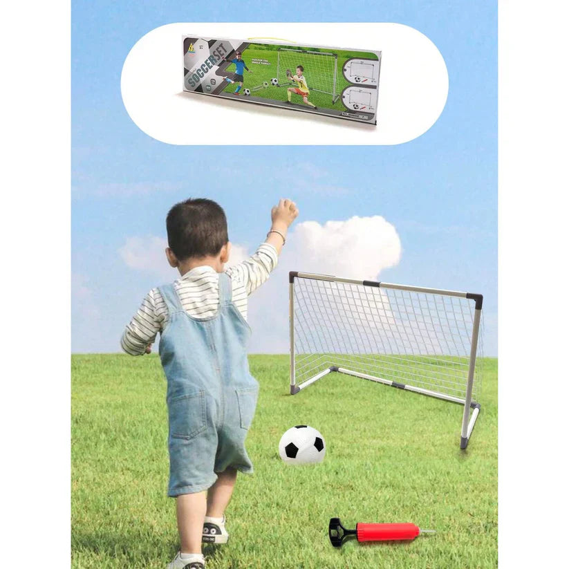 Child playing with a soccer goal and ball, with a tablet displaying a soccer game above.