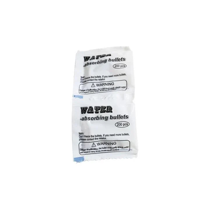 Pack of water-absorbing bullets with warning labels on a white background