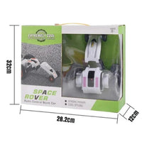 Boxed toy space rover with dimensions on a white background