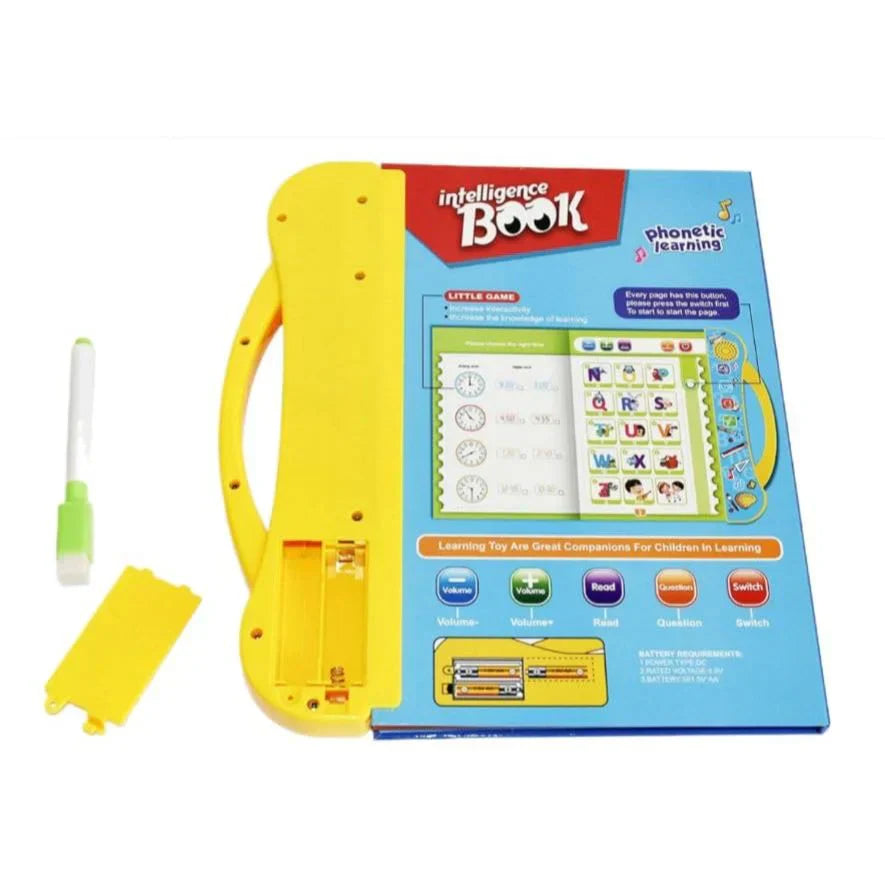 Spirograph set with packaging, wheels, rings, rack, pens, and guide book on a white background.