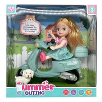 Toy doll with scooter and dog in packaging labeled 'ummer Outing'.
