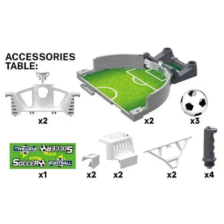 Toy soccer field accessories set with soccer ball and related items on a white background