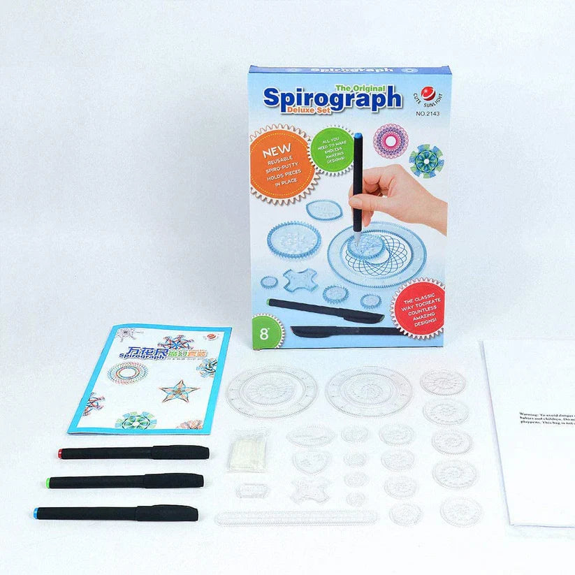Spirograph set with packaging, pens, and templates on a white background