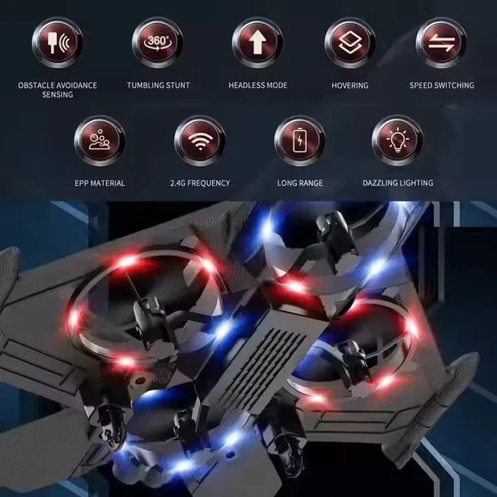 Drone with illuminated LED lights on a dark background, featuring various control options.