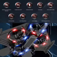 Drone with illuminated LED lights on a dark background, featuring various control options.