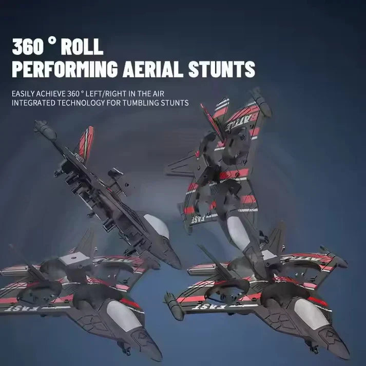 Drones performing aerial stunts with text on a blue background