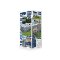 Boxed above-ground pool with family using pool on a white background