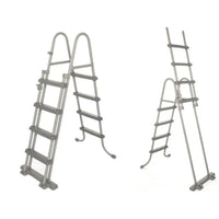 Two metal ladders of different designs on a white background